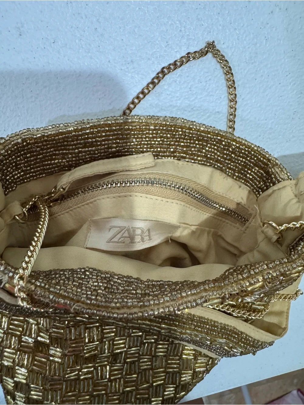 Zara Gold Sequin Mini Bucket Bag Beaded Evening Crossbody Purse - Picture 6 of 7